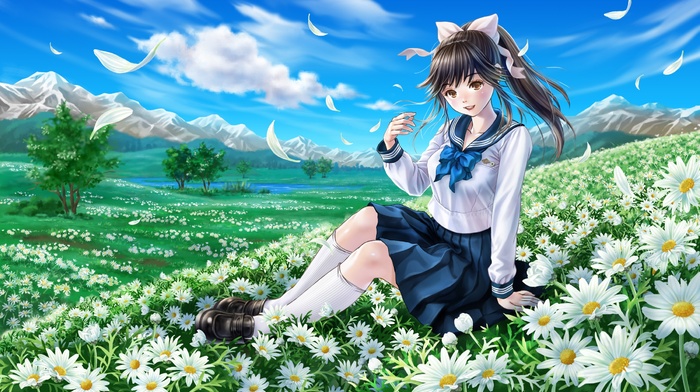 ponytail, flowers, Love Plus, clouds, school uniform, Takane Manaka