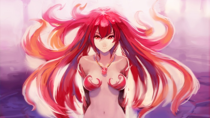 anime girls, red, original characters, boobs, long hair, bra, redhead, ecchi, necklace