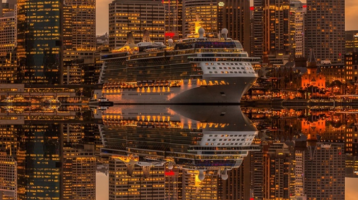 lights, water, cruise ship, sea, city, cityscape, reflection, ship