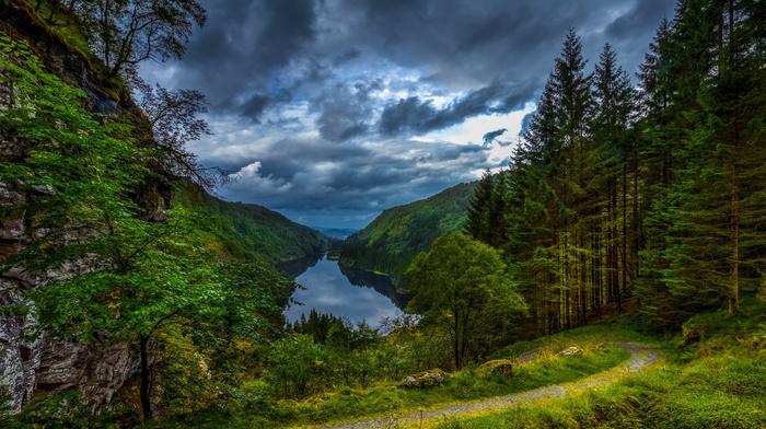 Norway, lake, grass, mountain, trees, forest, path, clouds, valley, nature, landscape