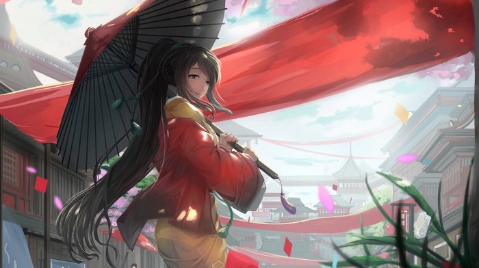 umbrella, artwork, red dress, original characters