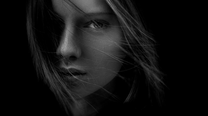 portrait, monochrome, girl, face, model