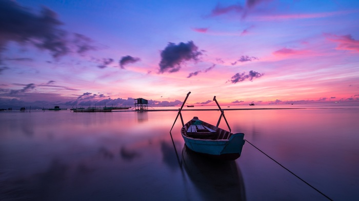 sunset, sea, boat