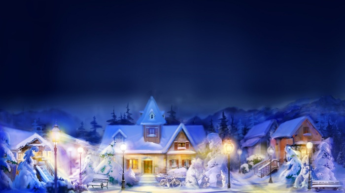 architecture, bench, winter, digital art, street, town, lights, Christmas, lamps, trees, blurred, night, snow, mountain, building, painting, house