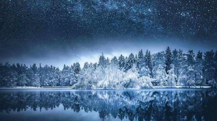 fall, Milky Way, reflection, nature, forest, trees, long exposure, snow, starry night, landscape, lake, water, Finland