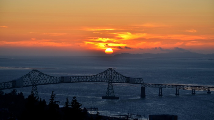 bridge, landscape, sunset