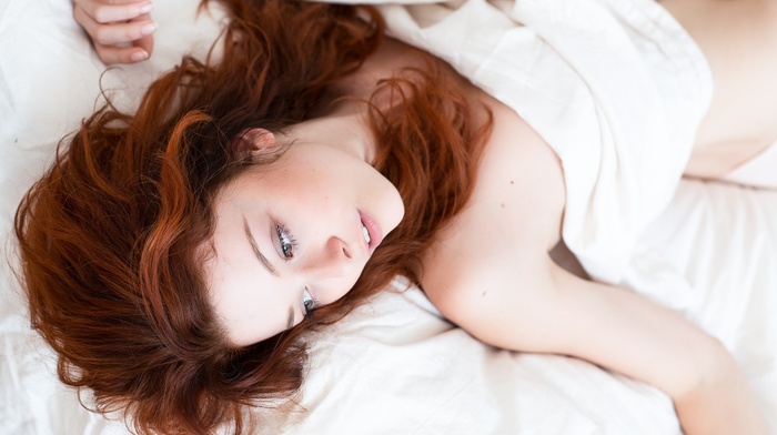 girl, model, redhead, in bed, strategic covering, pale