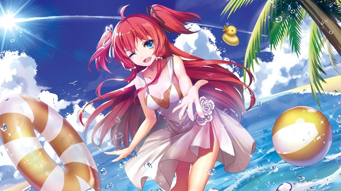 anime girls, redhead, inflatable rings, blue eyes, original characters, water, long hair, dress, winking, beach