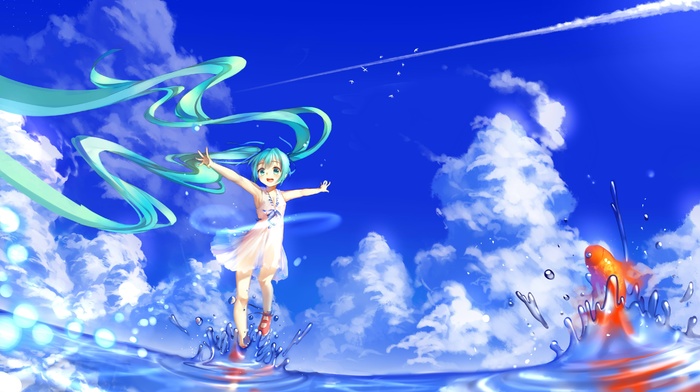 twintails, water, sky, clouds, anime girls, goldfish, Vocaloid, fish, Hatsune Miku