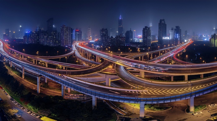 cityscape, night, China, bridge, road, city, interchange, long exposure, Shanghai