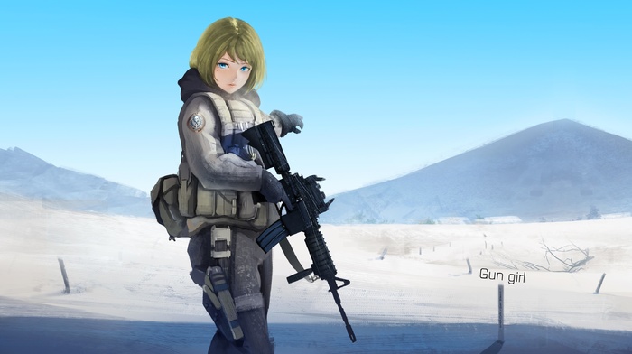 girl with guns, original characters, weapon, anime girls, gun, anime, snow, M4A1, blue eyes, blonde