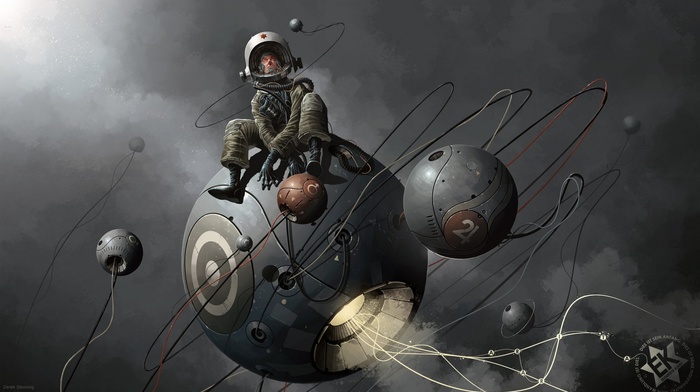 digital art, men, sphere, astronaut, Derek Stenning, universe, ball, helmet, space, planet, fantasy art, sitting, wires, spacesuit