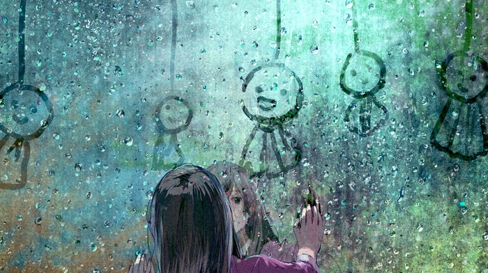 rain, window, black hair, original characters, anime girls