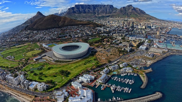city, landscape, Cape Town, stadium, harbor, aerial view