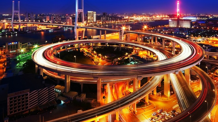 city, night, city lights, traffic, Nanpu Bridge, long exposure, Shanghai