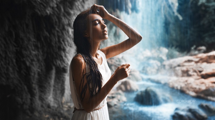 waterfall, wet body, wet clothing, Ivan Gorokhov, closed eyes, river, girl, white dress, water, rock