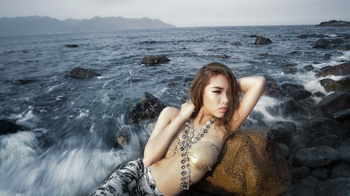 Asian, water, girl outdoors, girl, sea, model