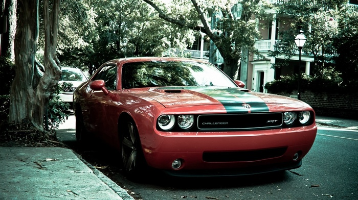 muscle cars, car, Dodge Challenger, red, street