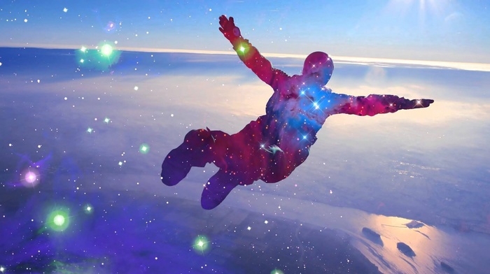 jumping, sky, stars, skydiver