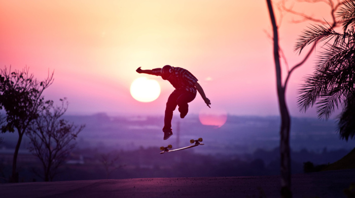 sunrise, skateboarding, stunts