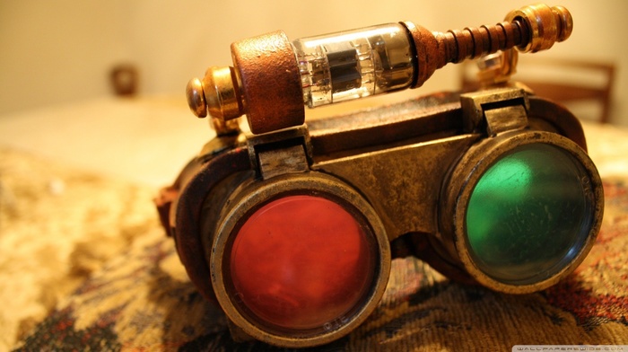red, steampunk, green, glasses