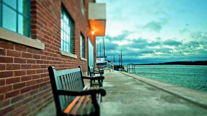 lake, harbor, bench