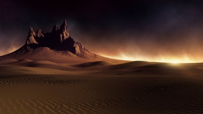 dune, desert, dark, clouds, nature, sand, sunlight, mountain, wind, sunset, landscape
