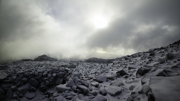 rock, clouds