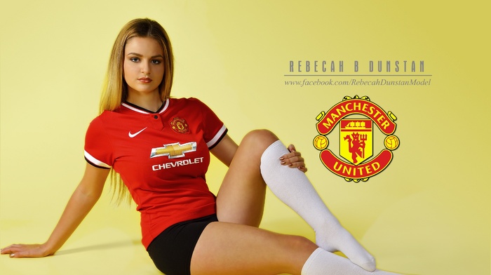 Manchester United, booty shorts, simple background, girl, model, soccer clubs, sports jerseys