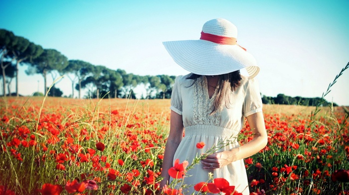 flowers, hat, model, girl outdoors, girl, field, landscape