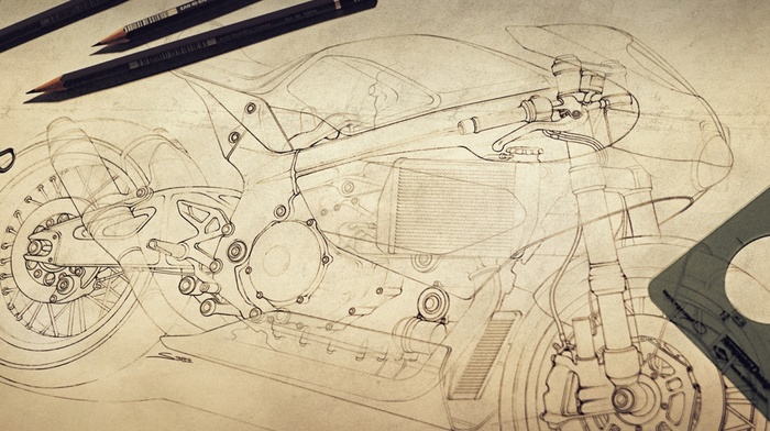 classic art, drawing, motorcycle