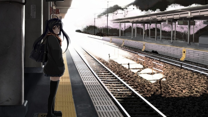 train station, original characters, anime girls, anime