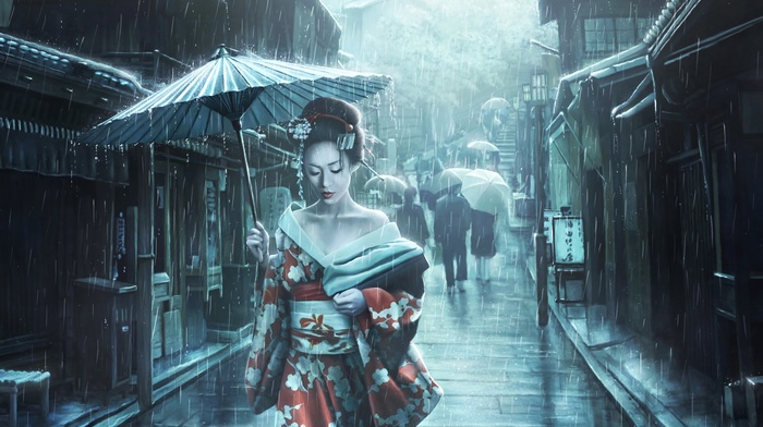Japanese umbrella, umbrella, dress, street, kimono, artwork, Asian, girl, rain, Asian architecture, geisha