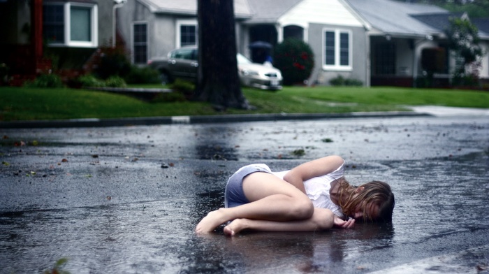 girl, model, rain, road, wet, urban, water