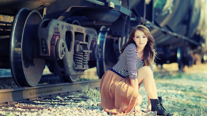 girl outdoors, train, railway