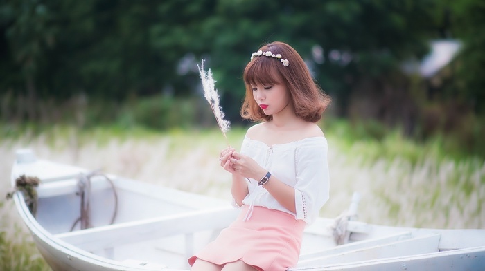 Asian, sitting, brunette, model, depth of field, white tops, skirt, nature, boat, looking down, bangs, bare shoulders, headband, girl, girl outdoors, trees, long hair, watch, red lipstick