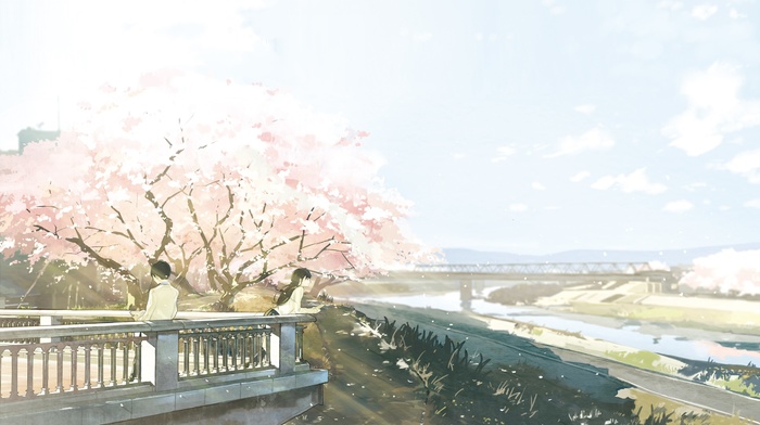 anime, bridge, cherry blossom, original characters, river