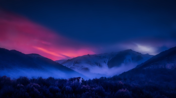 mist, snowy peak, trees, sky, forest, landscape, mountain, nature, Armenia, sunset