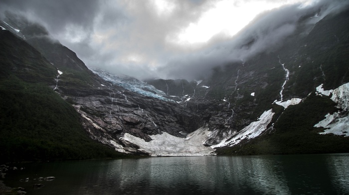 dark, lake, mountain, clouds, creeks, glaciers, Norway, landscape, nature
