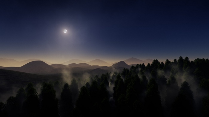 moon, mountain, mist, landscape, forest, nature, night, trees, moonlight