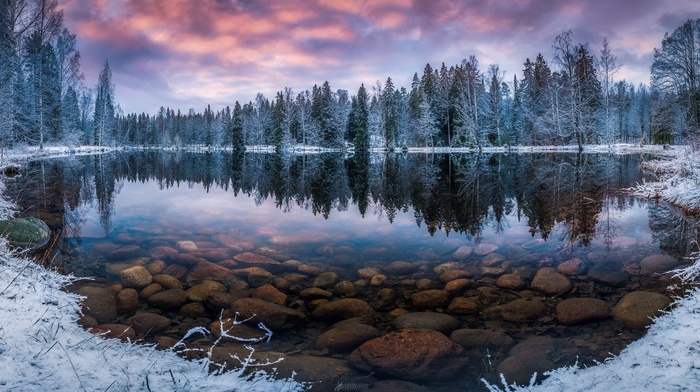 forest, water, snow, nature, lake, reflection, morning, cold, winter, trees, sunrise, Finland, landscape