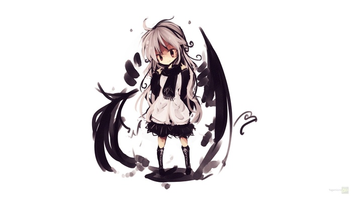 white background, chibi, wings, original characters, white hair