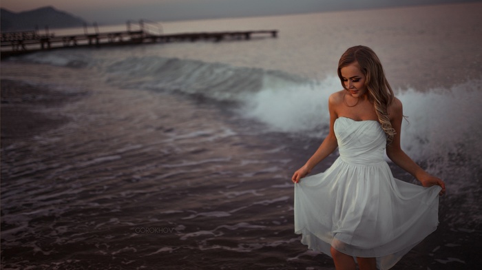 smiling, beach, waves, Ivan Gorokhov, sea, blonde, girl, smoky eyes, model, pier, dress, bare shoulders, sunset