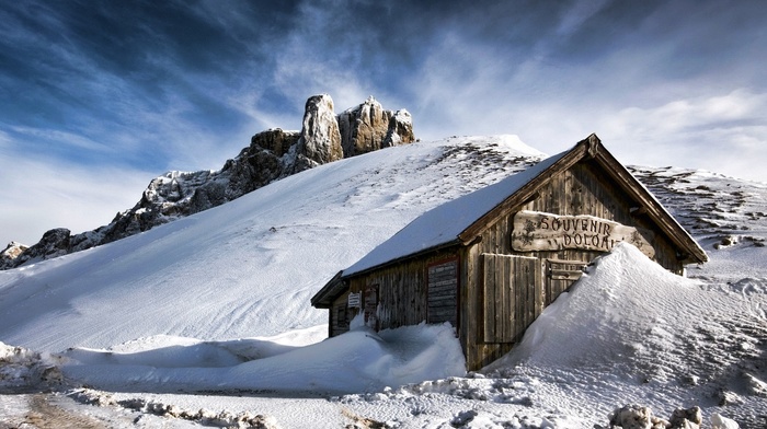 rock, Dolomites mountains, landscape, mountain, clouds, hill, snowy peak, winter, wood, snow, house, nature