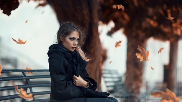 fall, girl, leaves, Alessandro Di Cicco, bench, girl outdoors