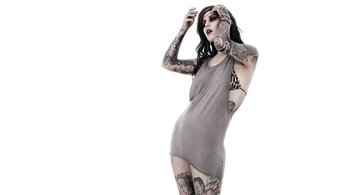 tattoos, simple background, Kat Von D, girl, model