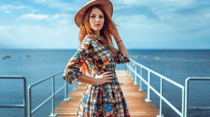 pier, girl, dress, model, redhead, girl outdoors, blue eyes, colorful, hat
