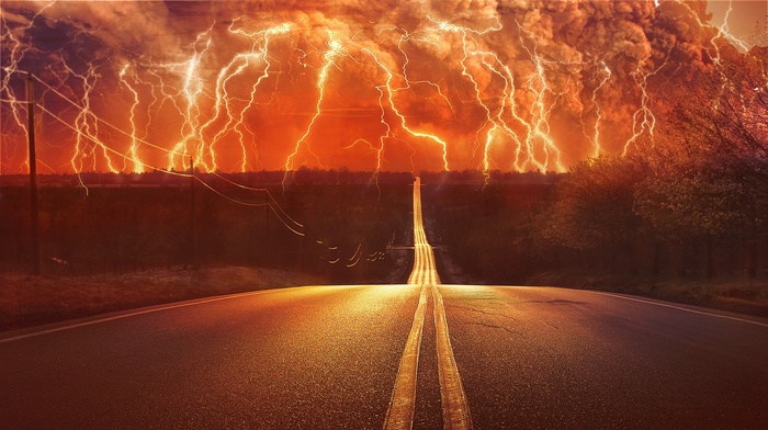 thunder, storm, digital art, lightning, road