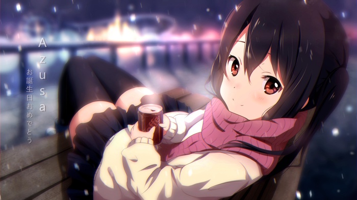 winter, anime girls, Nakano Azusa, K, on, scarf, coffee