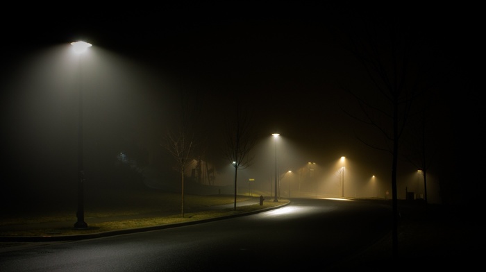 street light, empty, Canada, grass, spring, landscape, lantern, urban, night, nature, city, mist, street